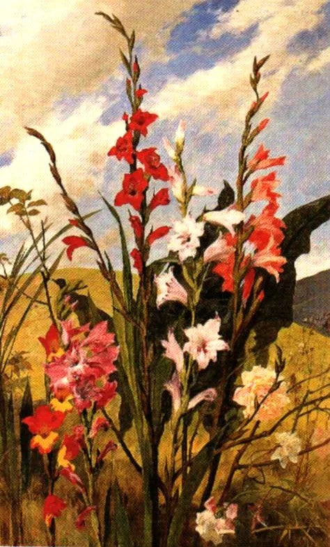 Gladiolas con paisaje. - Arturo Michelena