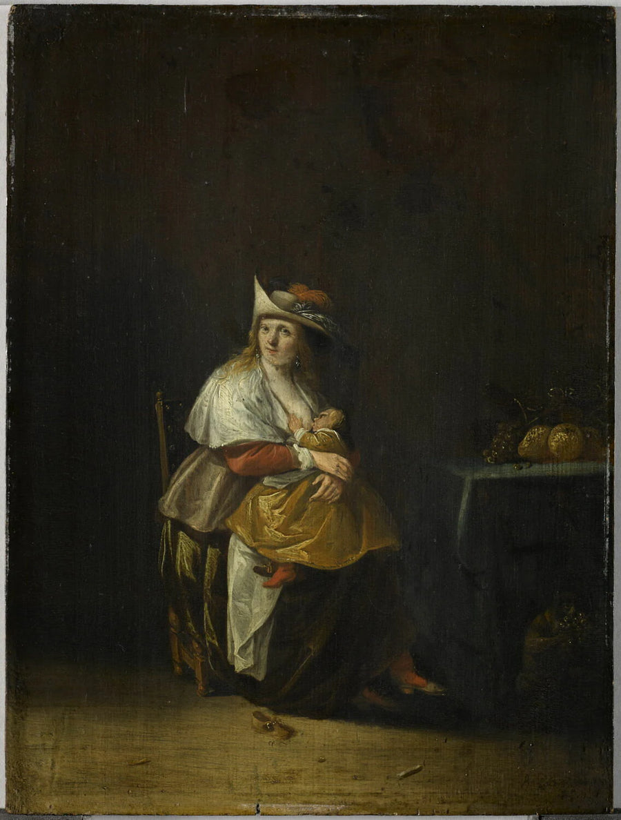 Le Goût : femme allaitant un enfant et singe mangeant des fruits - Anthonie Palamedesz.