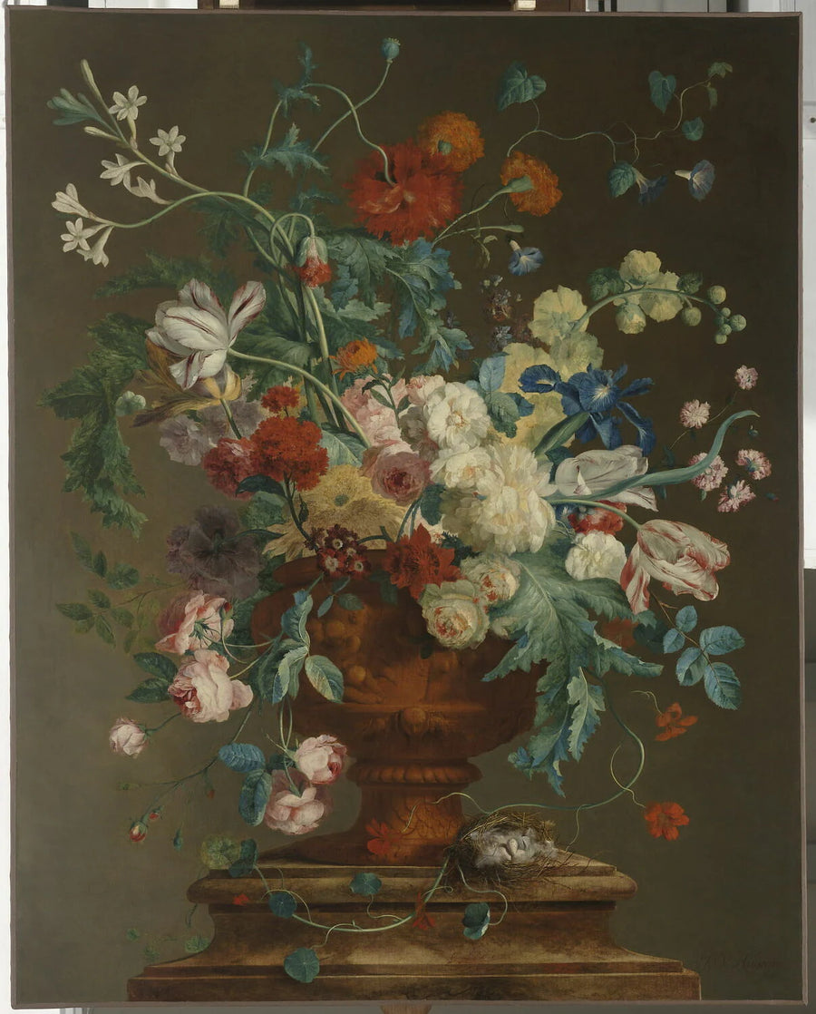 Grand Vase orné de putti et rempli de fleurs de différentes espèces, posé sur un piédestal de marbre - Jan van Huysum