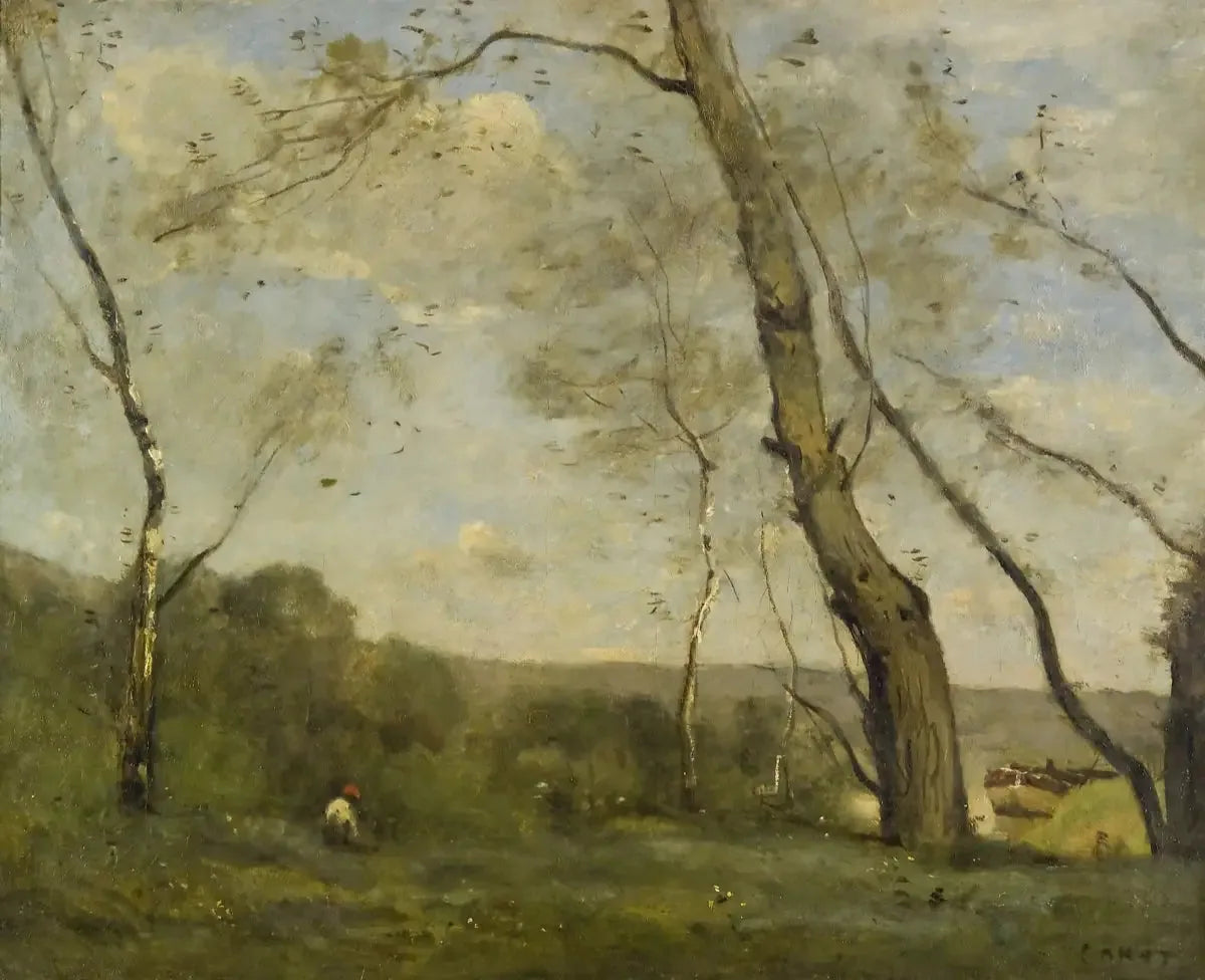 Grands arbres dominants la berge d'une rivière - Jean-Baptiste Camille Corot image 1 tableau peint à l’huile sur toile