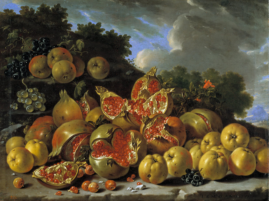 Grenades, pommes, baies d'aubépine, raisins, paysage - Luis Eugenio Meléndez