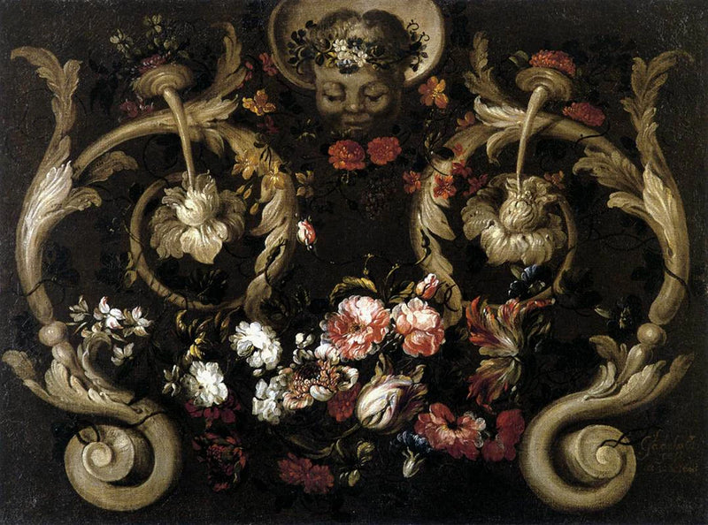 Grotesques sculptés avec roses et tulipes - Gabriel de la Corte