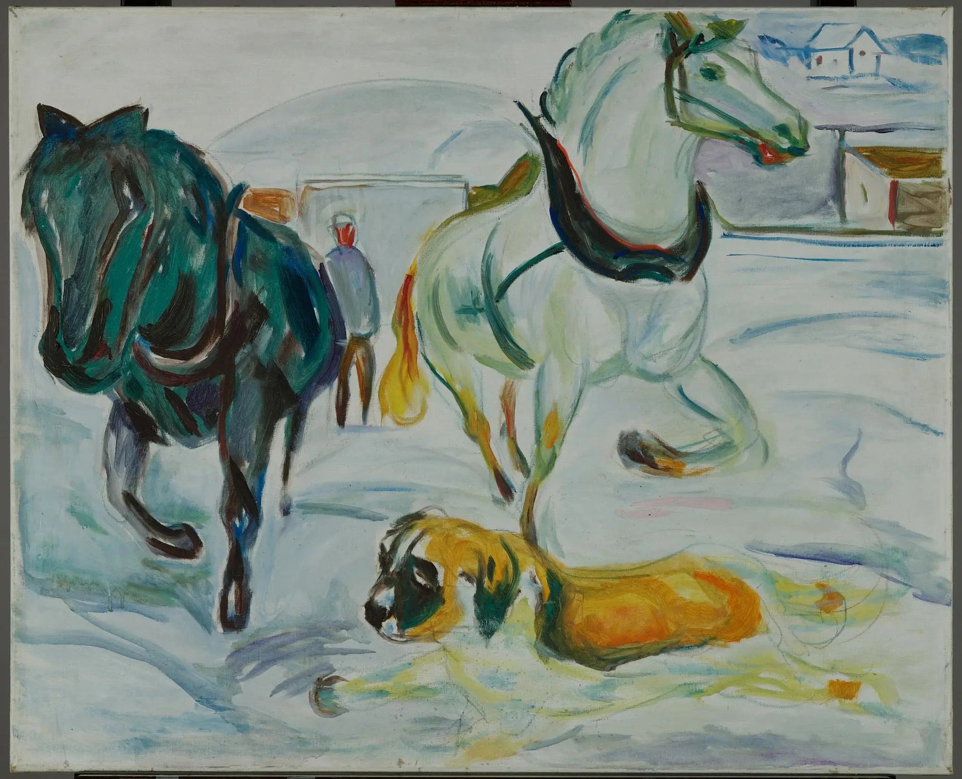 Groupe de chevaux et Saint-Bernard dans la neige - Edvard Munch image 1 reproduction de peinture à l’huile