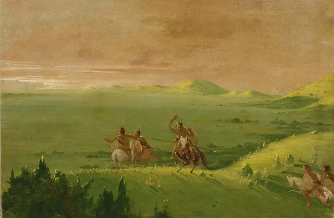 Groupe de guerre comanche, le chef découvre l'ennemi et exhorte ses hommes au lever du soleil - George Catlin image 1 copie de tableau peinte à la main