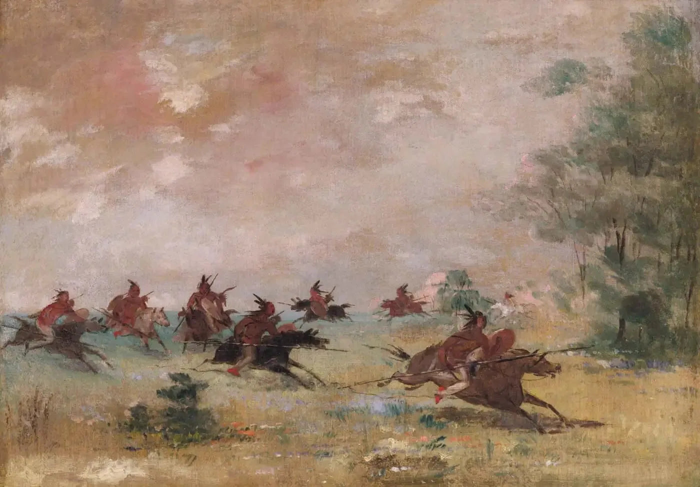 Groupe de guerre comanche, monté sur des chevaux sauvages - George Catlin image 1 copie peinte à la main à l’huile