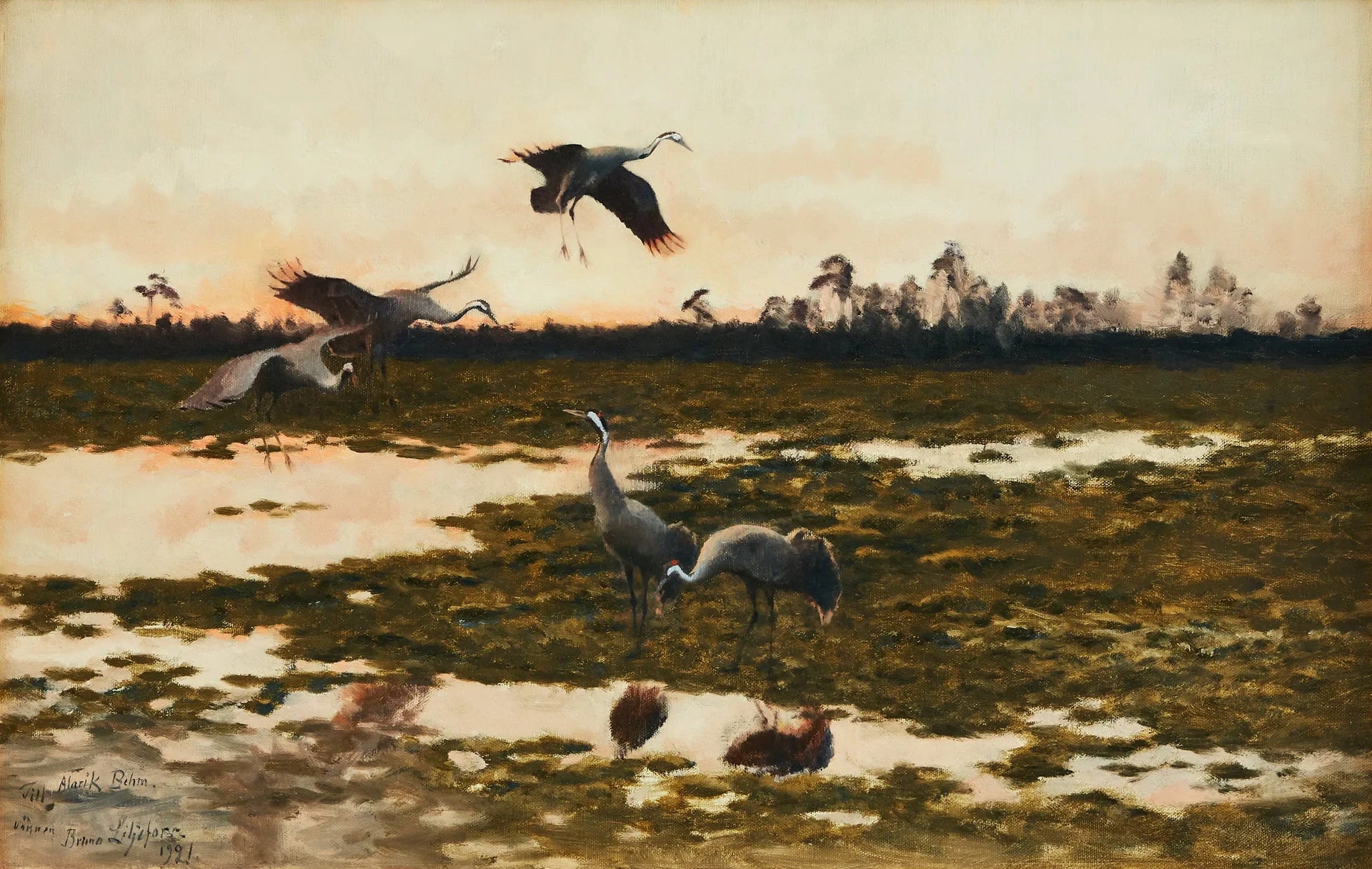 Grues au crépuscule - Bruno Liljefors image 1 tableau peint à l’huile sur toile