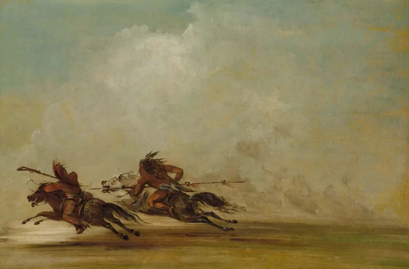 Guerrier Comanche lançant un Osage, à pleine vitesse - George Catlin image 1 reproduction de peinture à l’huile
