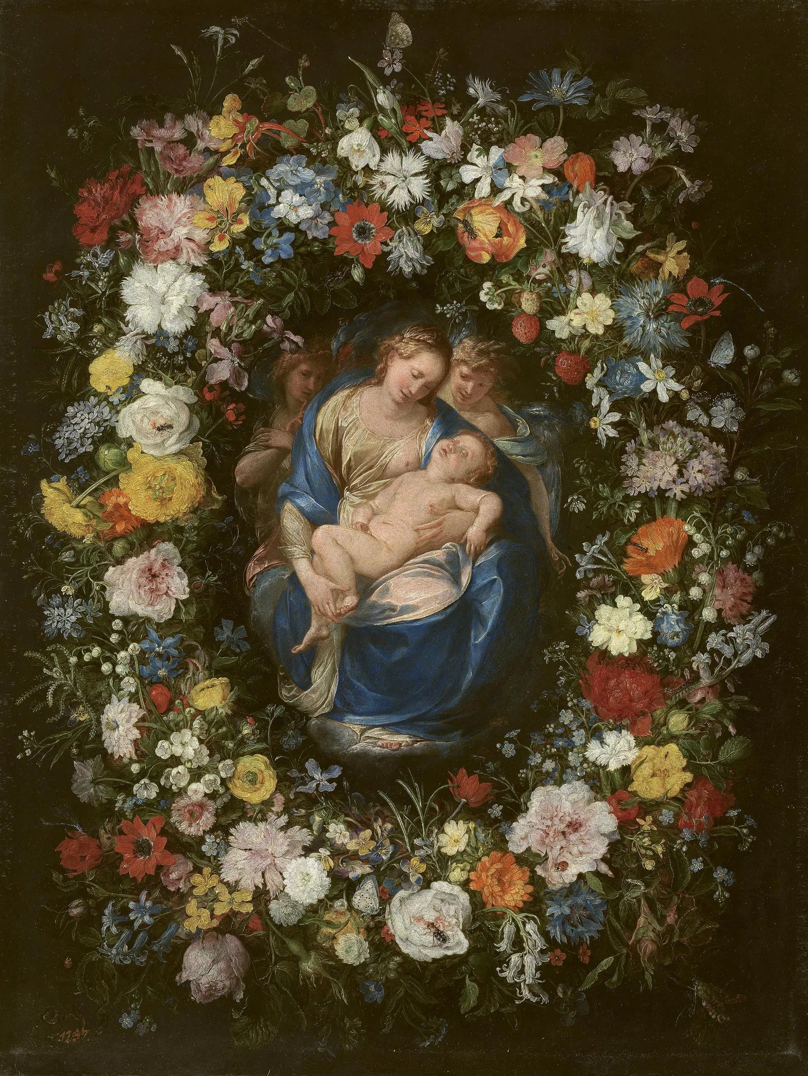 Guirlande avec la Vierge, l'Enfant Jésus et deux anges - Jan Brueghel l'Ancien image 1 reproduction artisanale de tableau