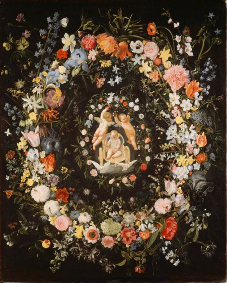 Guirlande de fleurs entourant un médaillon représentant le triomphe de l'amour - Domenichino image 1 reproduction de peinture à l’huile