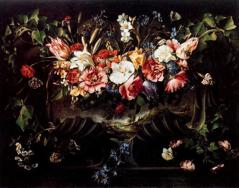 Guirlande de fleurs avec paysage - Juan de Arellano