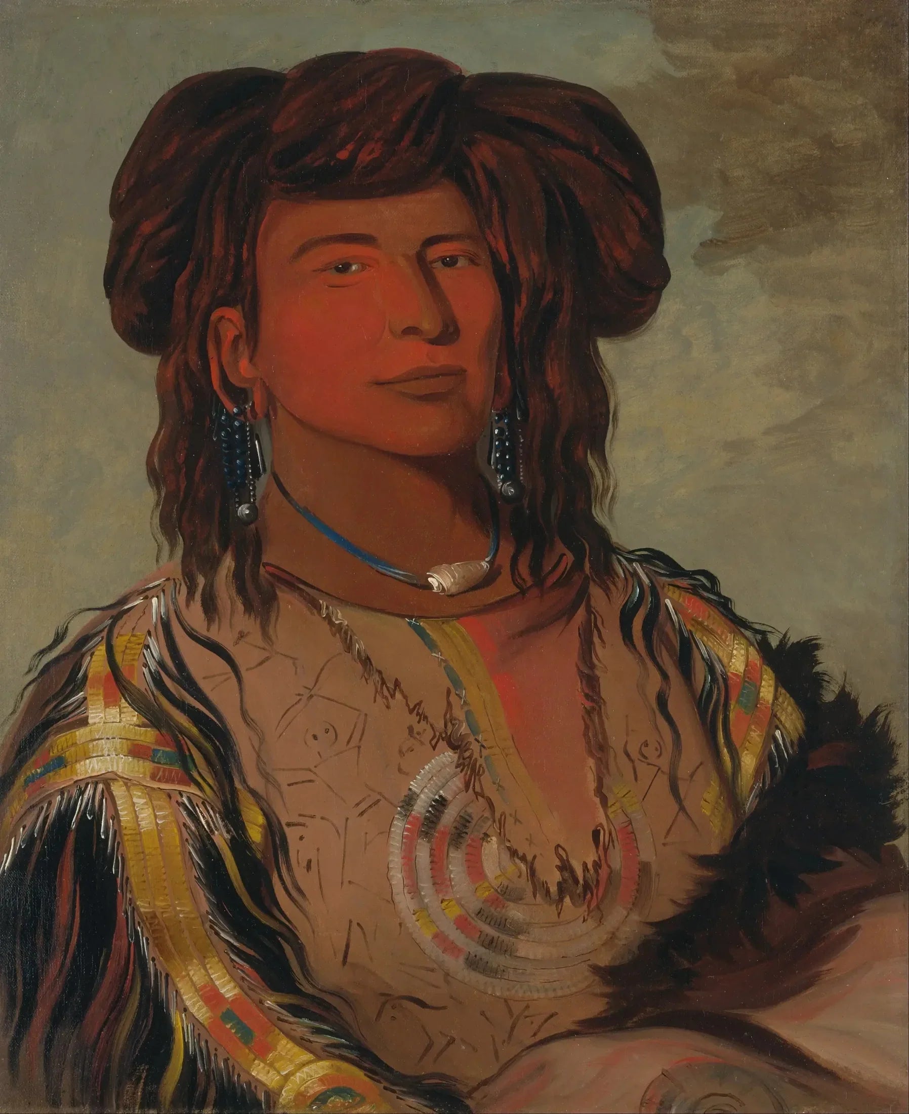 Ha-wón-je-tah, Une Corne, Chef principal de la tribu Miniconjou - George Catlin image 1 reproduction artisanale de tableau