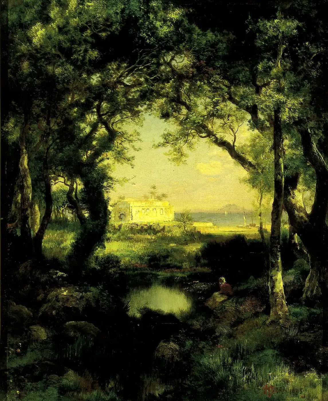 Hacienda mexicaine, lac Cuitzeo - Thomas Moran image 1 copie de tableau peinte à la main