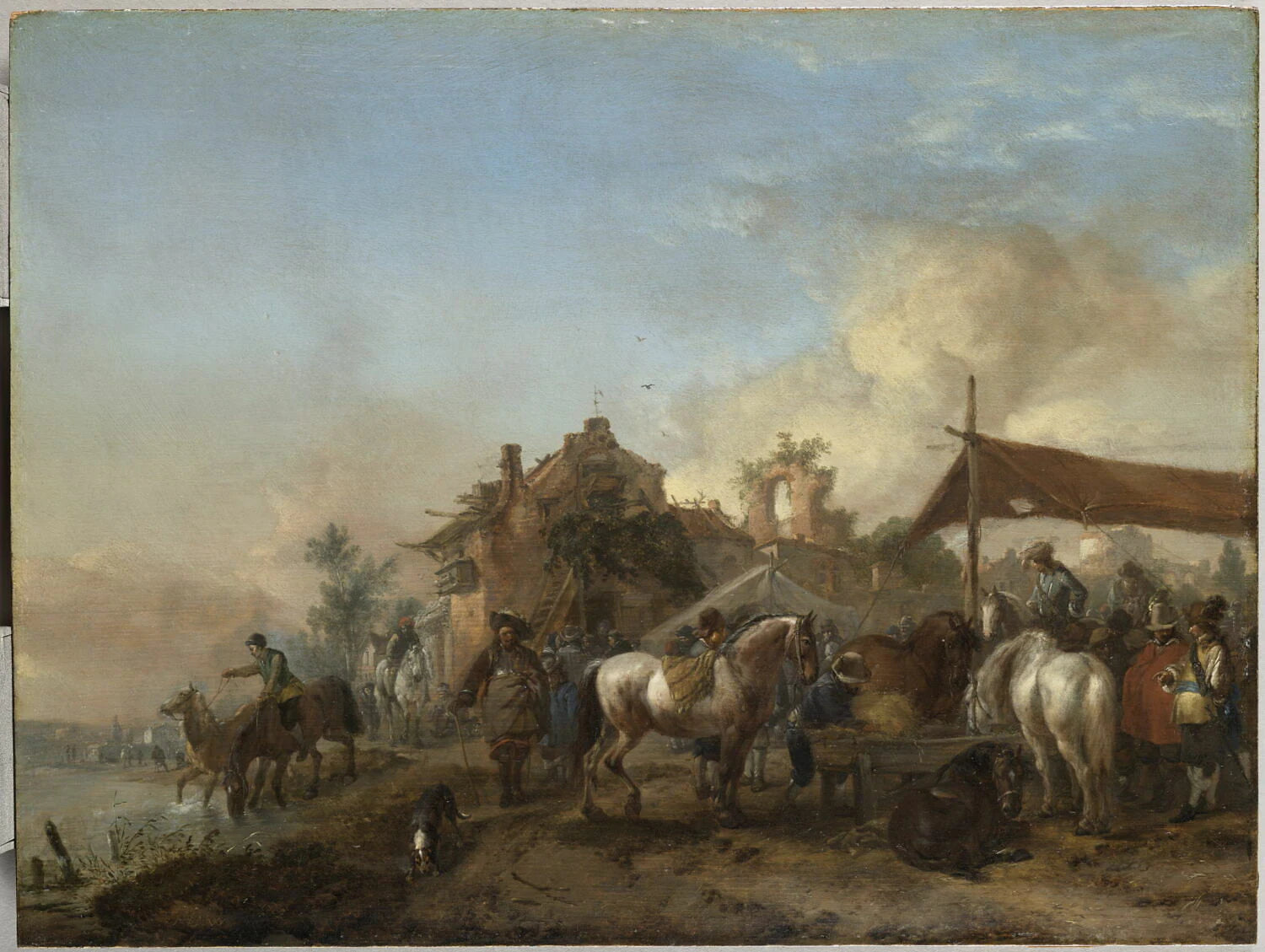 Halte de militaires faisant boire leurs chevaux - Philips Wouwerman