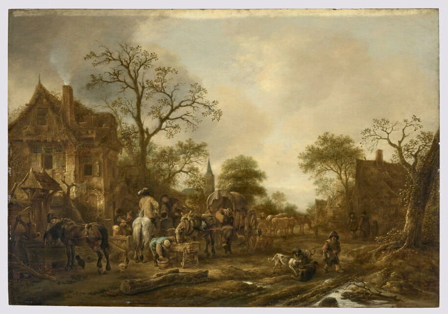Halte de voyageurs et cavaliers dans un village - Isaac van Ostade