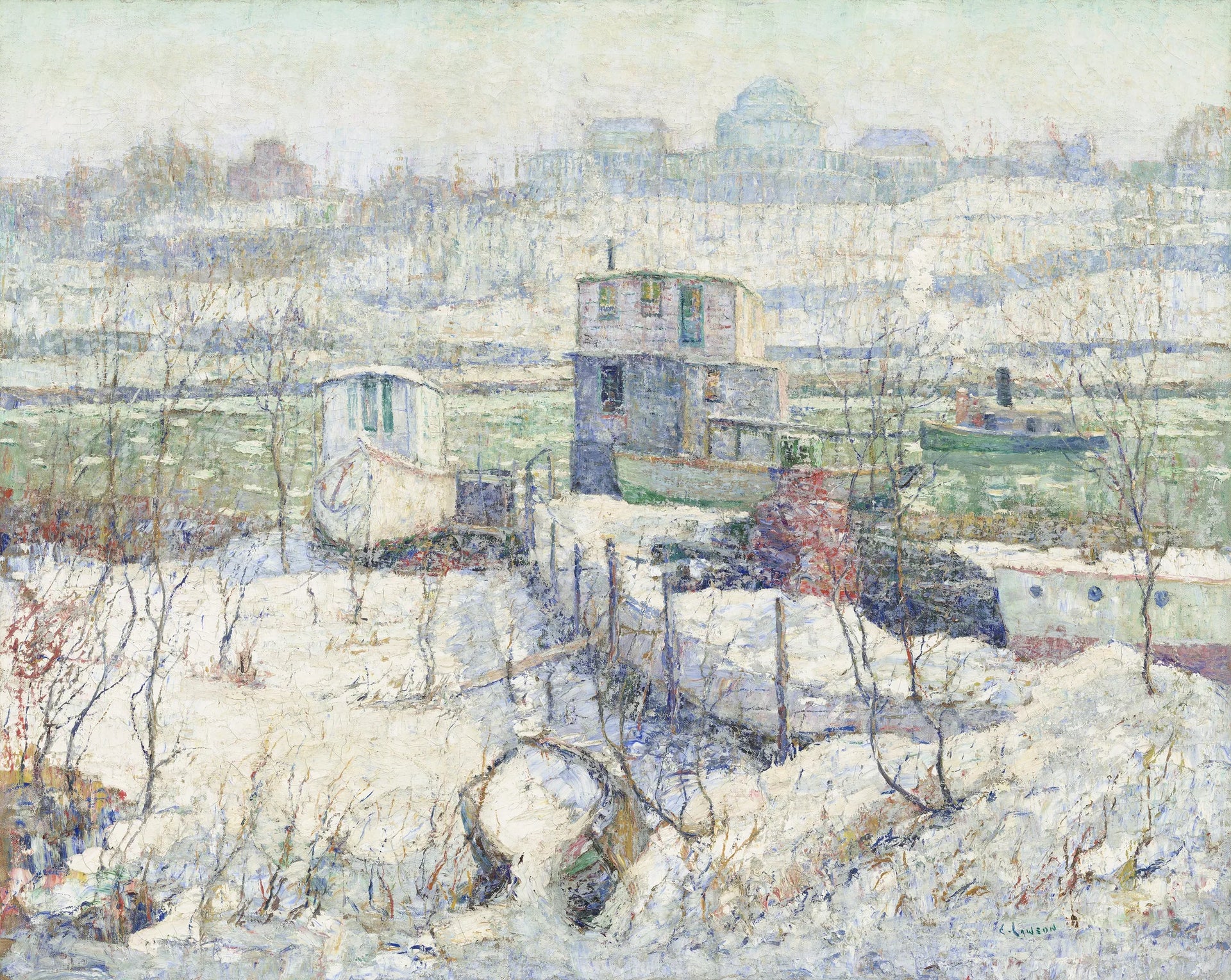 Hangar à bateaux, Hiver, Rivière Harlem - Ernest Lawson image 1 reproduction de peinture à l’huile