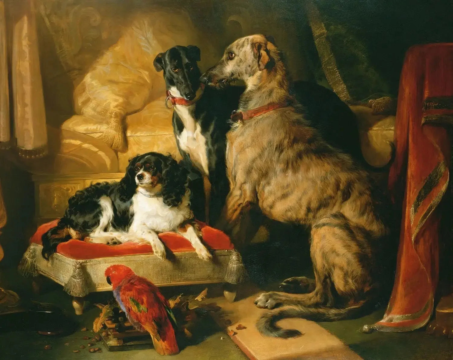 Hector, Néron et Dash avec le perroquet, Lory - Edwin Henry Landseer image 1 tableau peint à l’huile sur toile