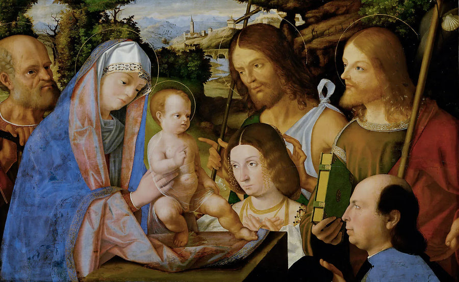 Heilige Familie mit Johannes dem Täufer, Jakobus dem Älteren und zwei Stiftern - Andrea Previtali
