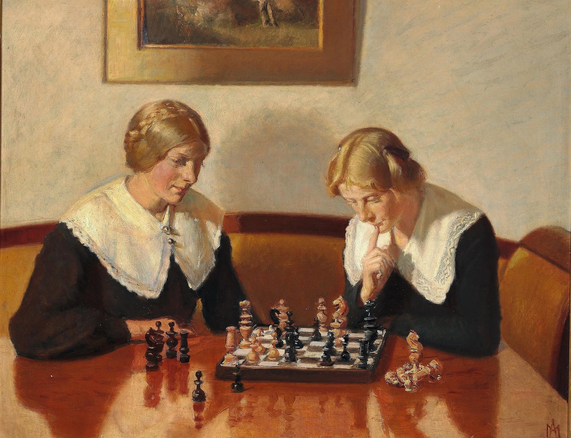 Helga Ancher et Engel Saxild jouent aux échecs dans la maison de Markvej à Skagen. - Michael Peter Ancher image 1 reproduction de peinture à l’huile