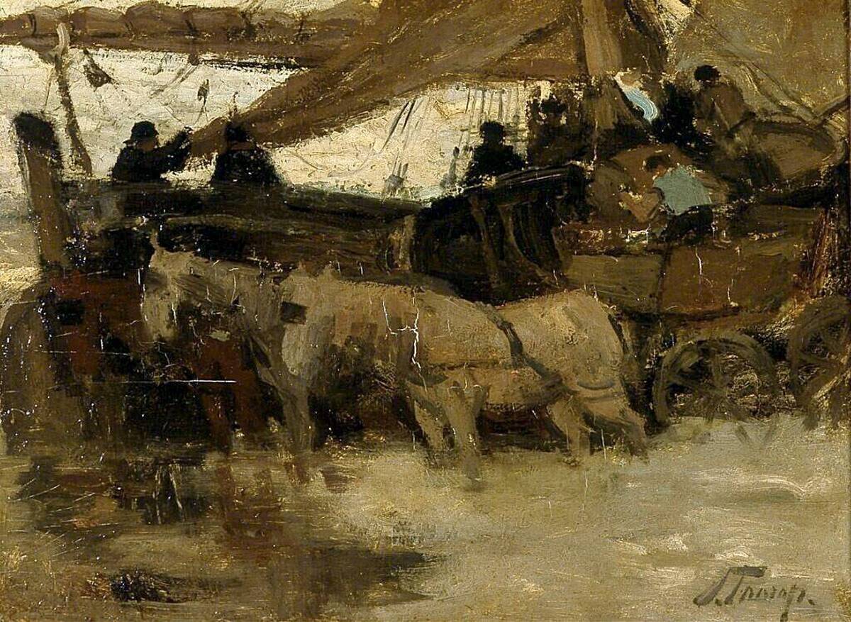 Het afladen van een bomschuit - Jan Toorop image 1 tableau peint à l’huile sur toile