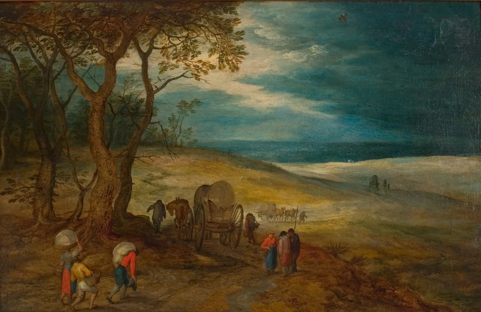 Heuvelachtig landschap met voetvolk en huifkarren - Jan Brueghel l’Ancien image 1 reproduction de peinture à l’huile