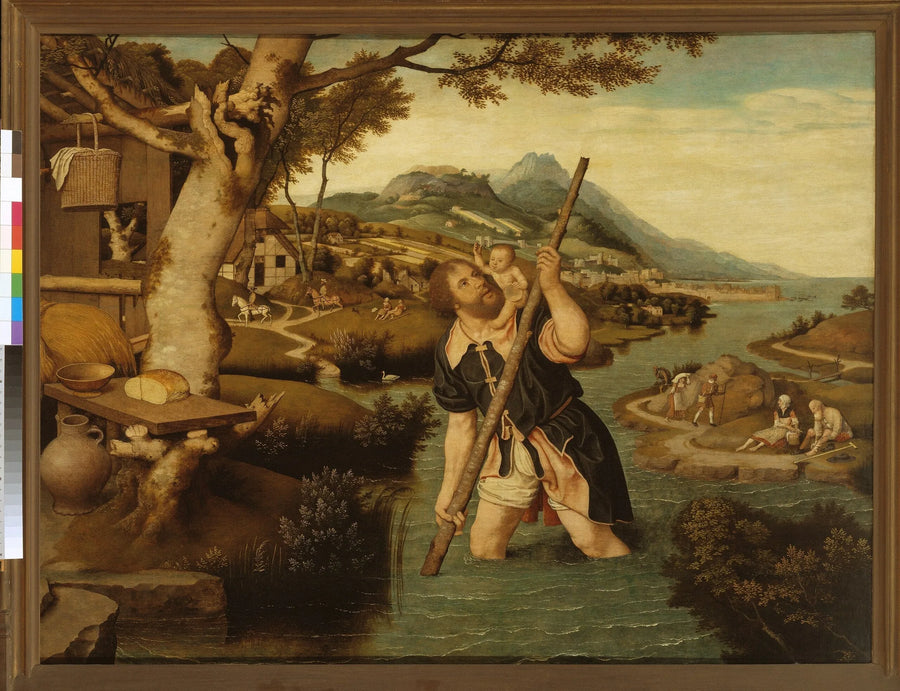 Heuvelachtig rivierlandschap met Christoffel - Jan Mostaert