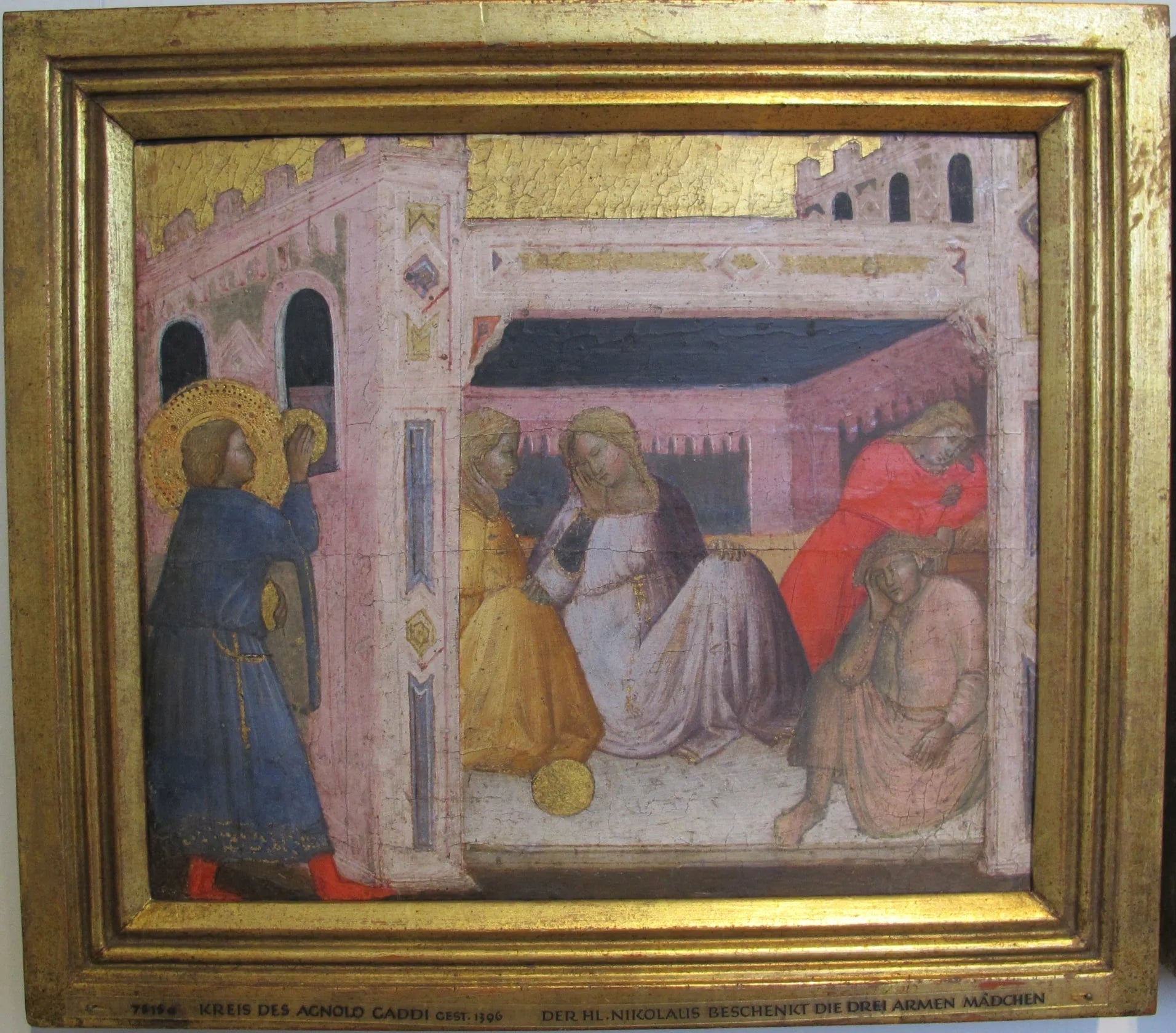 Histoires de Saint Nicolas. Saint Nicolas offre des cadeaux à trois filles de la piscine. - Agnolo Gaddi image 1 reproduction de peinture à l’huile