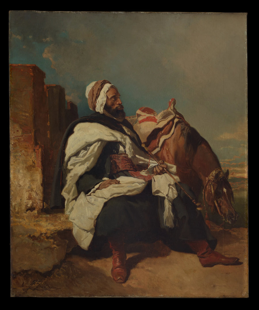 Homme arabe assis avec cheval - Alfred Dedreux