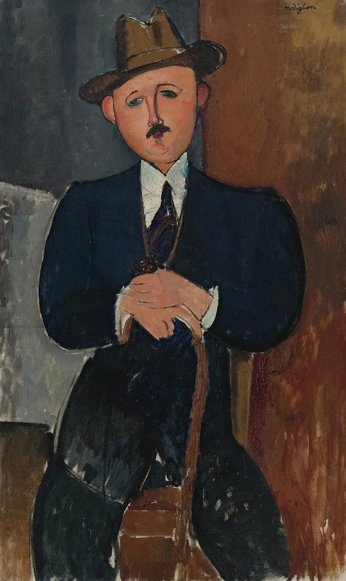 Homme assis (appuyé sur une canne) - Amedeo Modigliani image 1 reproduction de peinture à l’huile