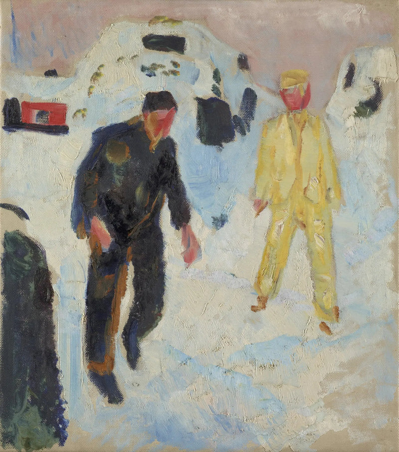 Homme en noir et jaune dans la neige - Edvard Munch