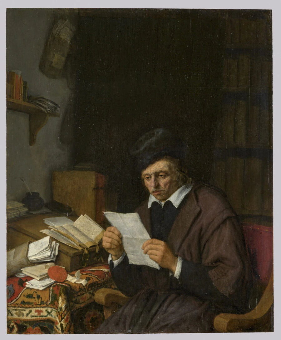 Homme lisant une lettre dans son cabinet, dit aussi Un notaire dans son étude ou Un procureur - Adriaen van Ostade