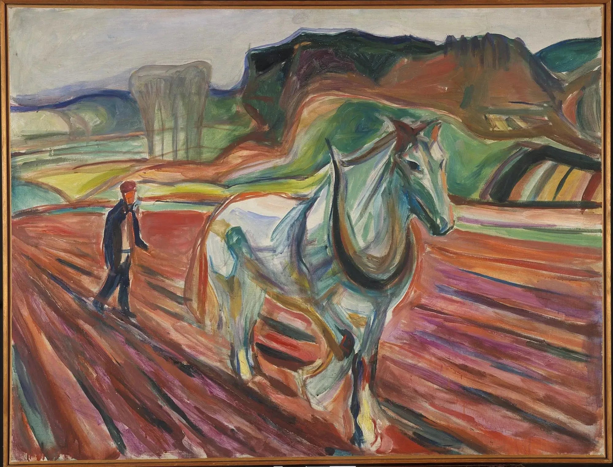 Homme travaillant avec un cheval blanc - Edvard Munch image 1 copie peinte à la main à l’huile
