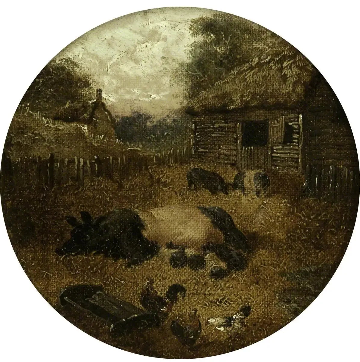 Huit scènes de ferme circulaires (1. Cochons ; 2. Jument et poulain ; 3. Vaches ; 4. Moutons ; 5. Poulets ; 6. Canards ; 7. Lapins ; 8. Âne) - John Frederick Herring, Sr. image 1 reproduction de peinture à l’huile