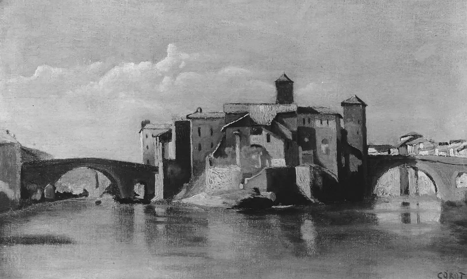 Île de San Bartolomeo, Rome - Jean-Baptiste Camille Corot image 1 copie de tableau peinte à la main