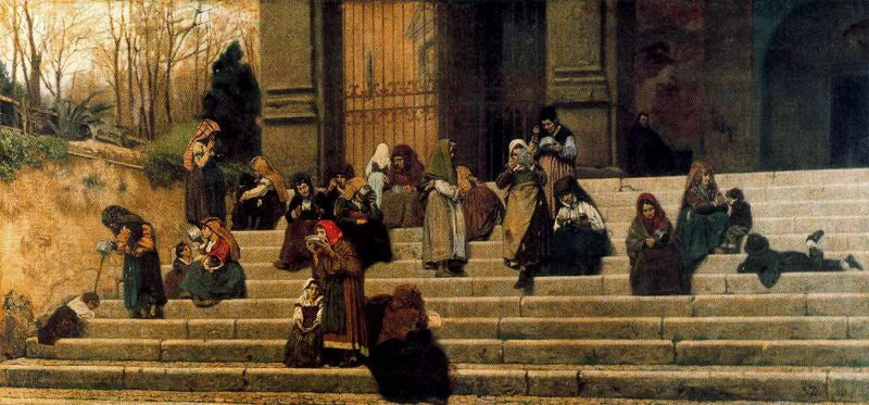 Impressions de Rome (Les pauvres sur les marches du couvent de l’Ara Caeli à Rome) - Federico Zandomeneghi image 1 copie peinte à la main à l’huile
