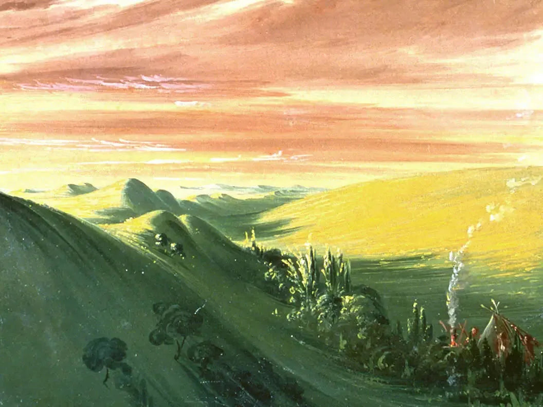 Indiens campant au coucher du soleil, Haut-Missouri - George Catlin image 1 tableau peint à l’huile sur toile