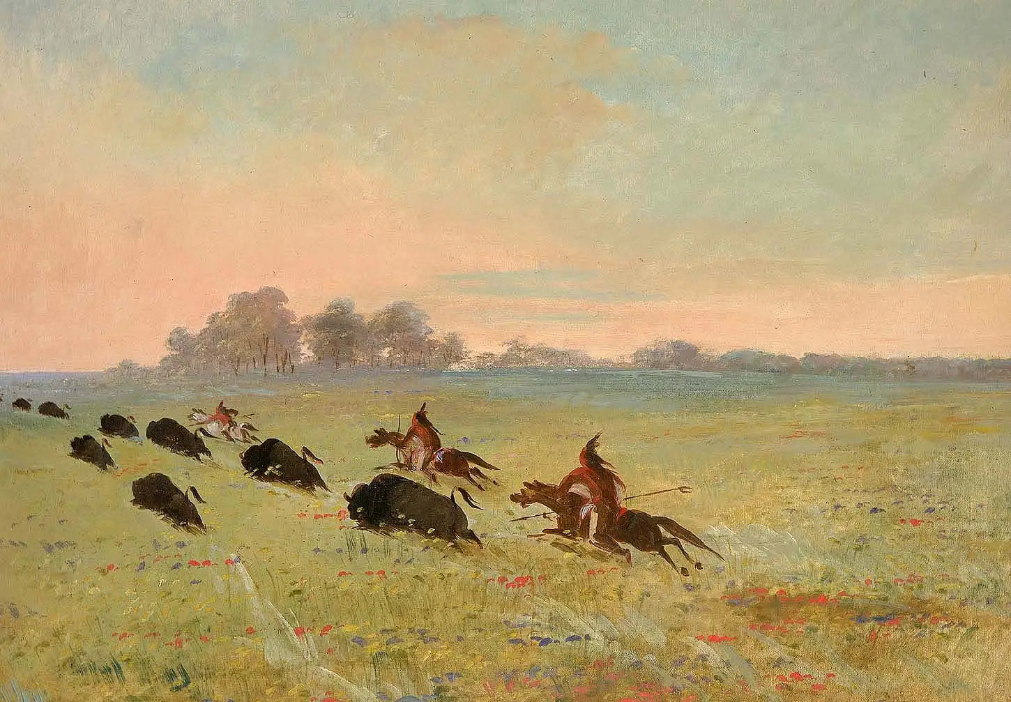 Indiens Comanches chassant le bison - George Catlin image 1 copie peinte à la main à l’huile