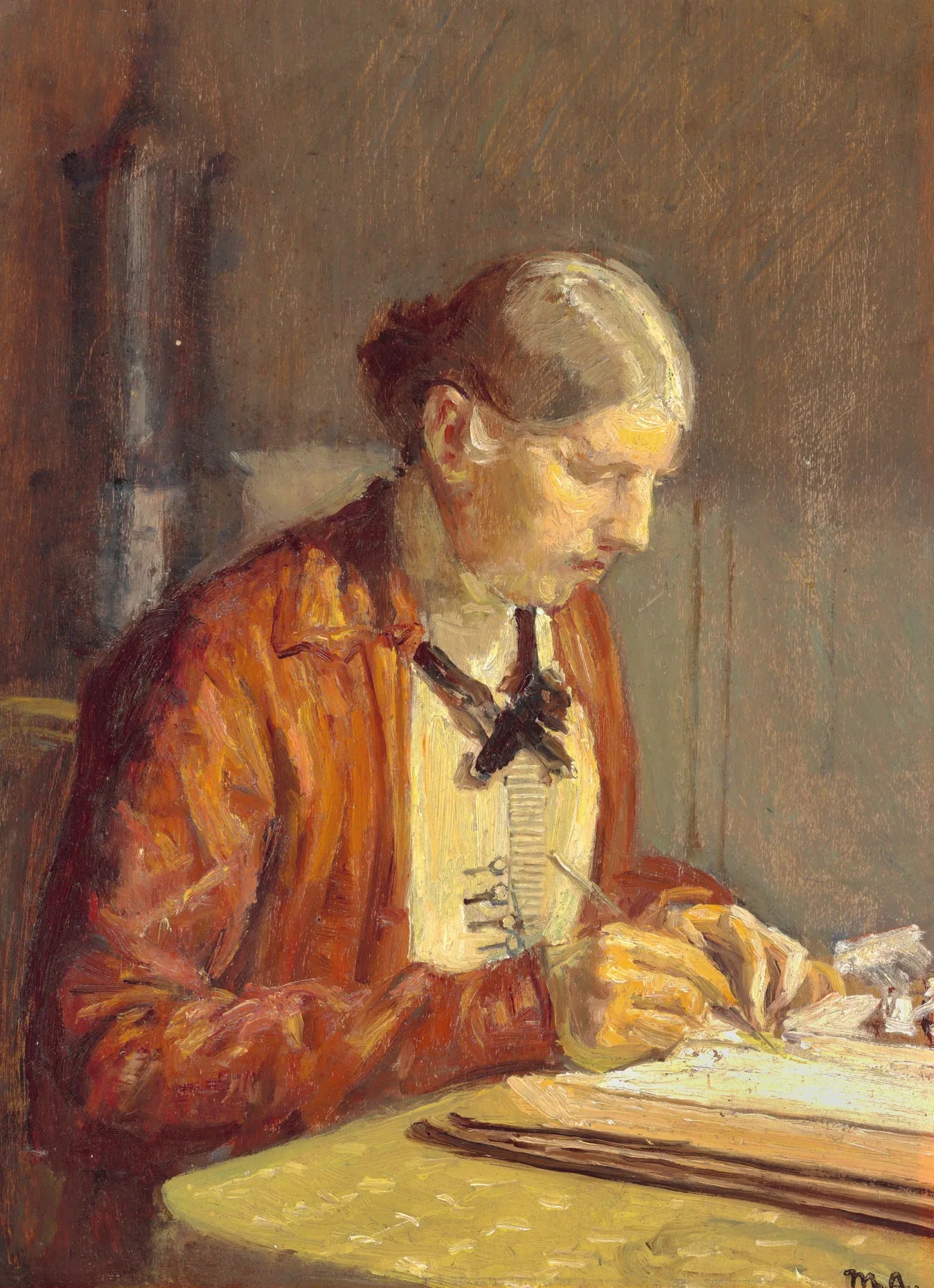 Intérieur avec Anna Ancher, l'épouse de l'artiste, en train de peindre. - Michael Peter Ancher image 1 copie peinte à la main à l’huile