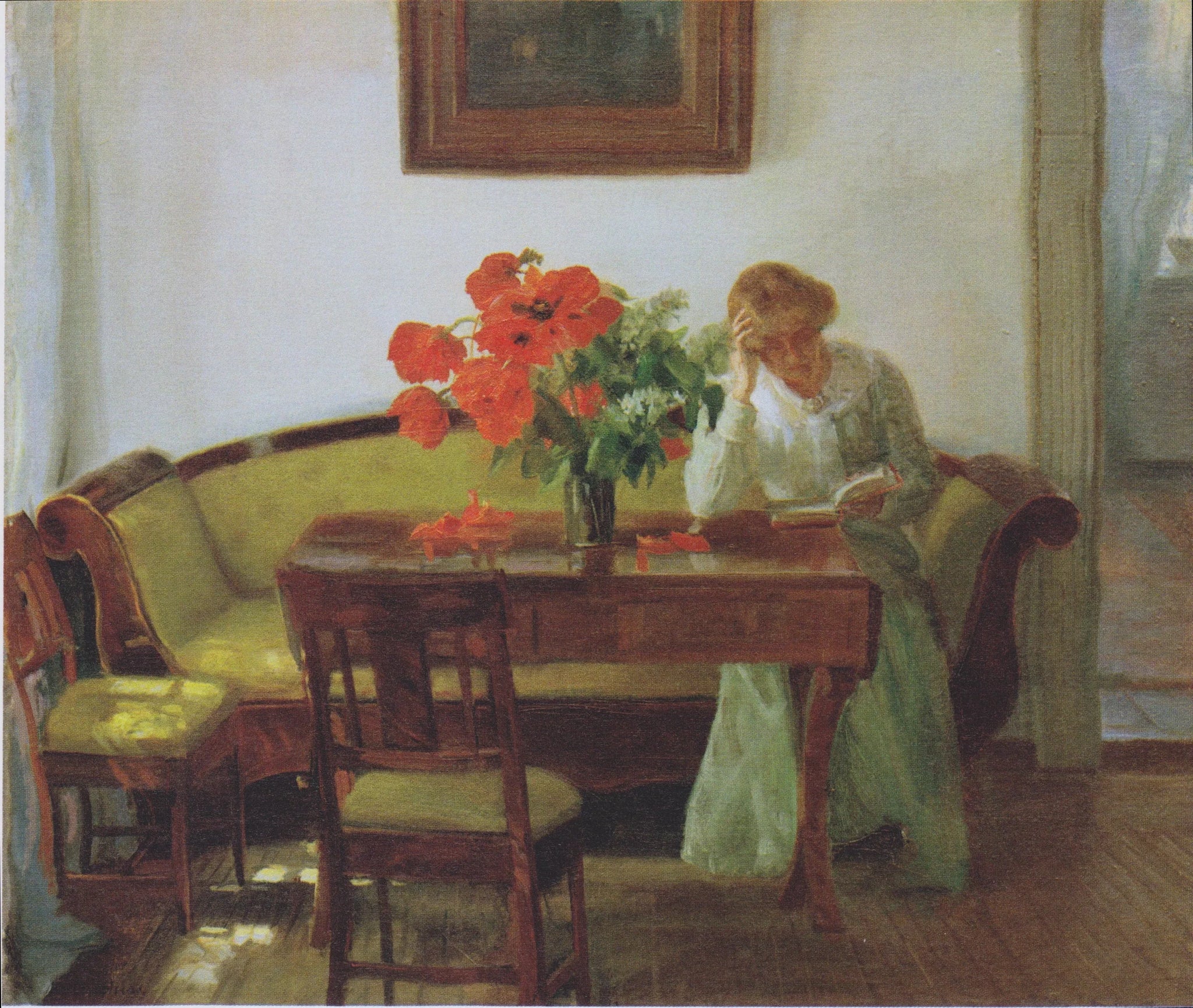 Intérieur avec des coquelicots et une femme lisant (Lizzy Hohlenberg) - Anna Ancher image 1 reproduction artisanale de tableau
