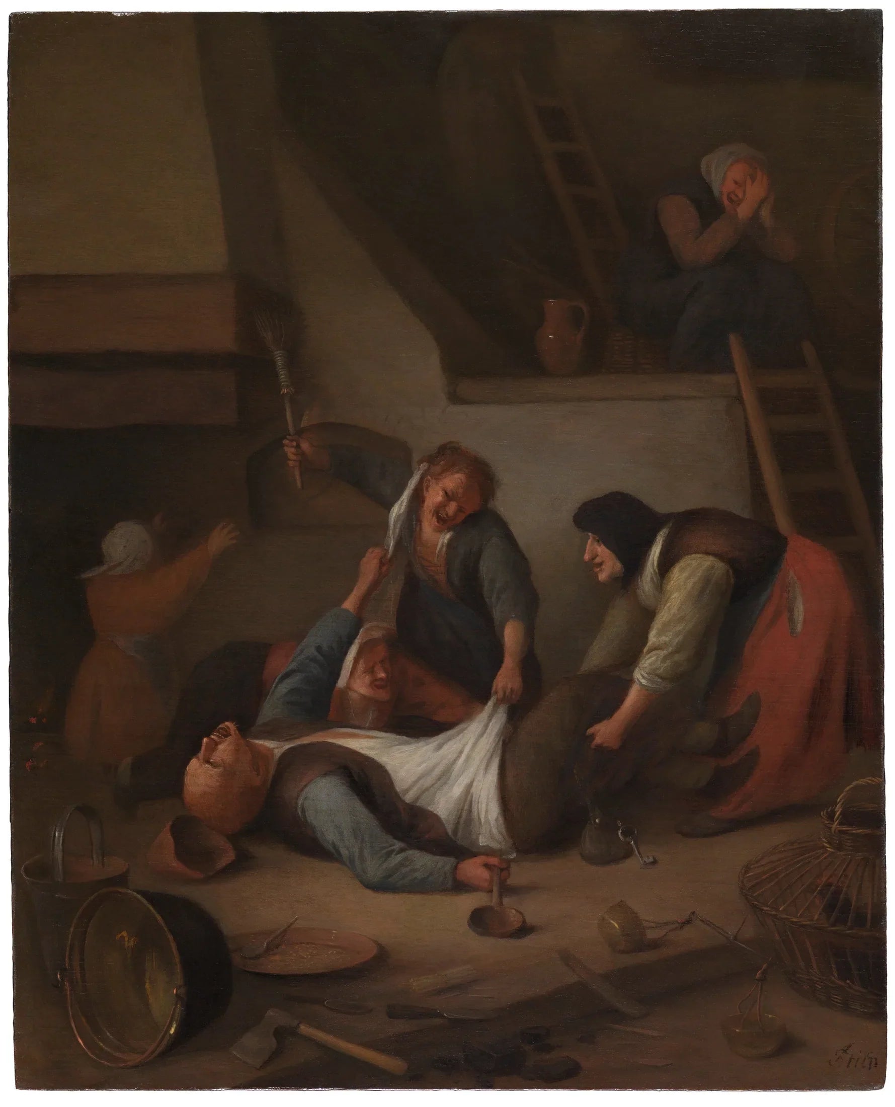 Intérieur avec des femmes battant un homme (« Paysans qui se battent ») - Jan Steen image 1 tableau peint à l’huile sur toile