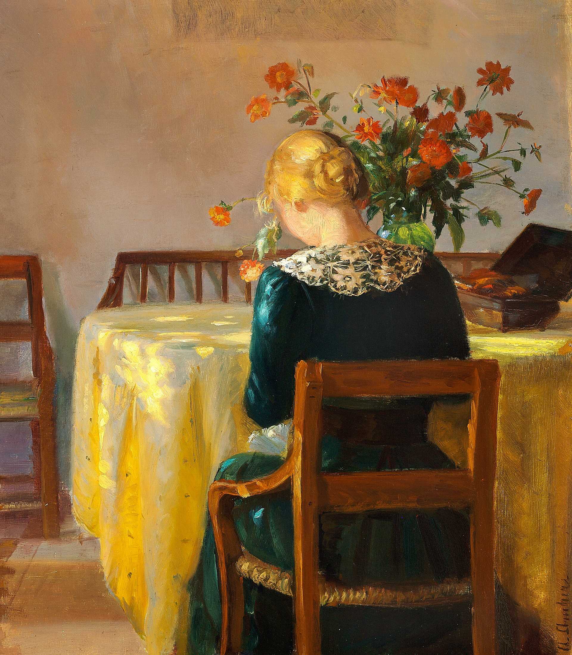 Intérieur avec Helga, la fille du peintre, en train de coudre - Anna Ancher image 1 reproduction réalisée par Alpha Reproduction