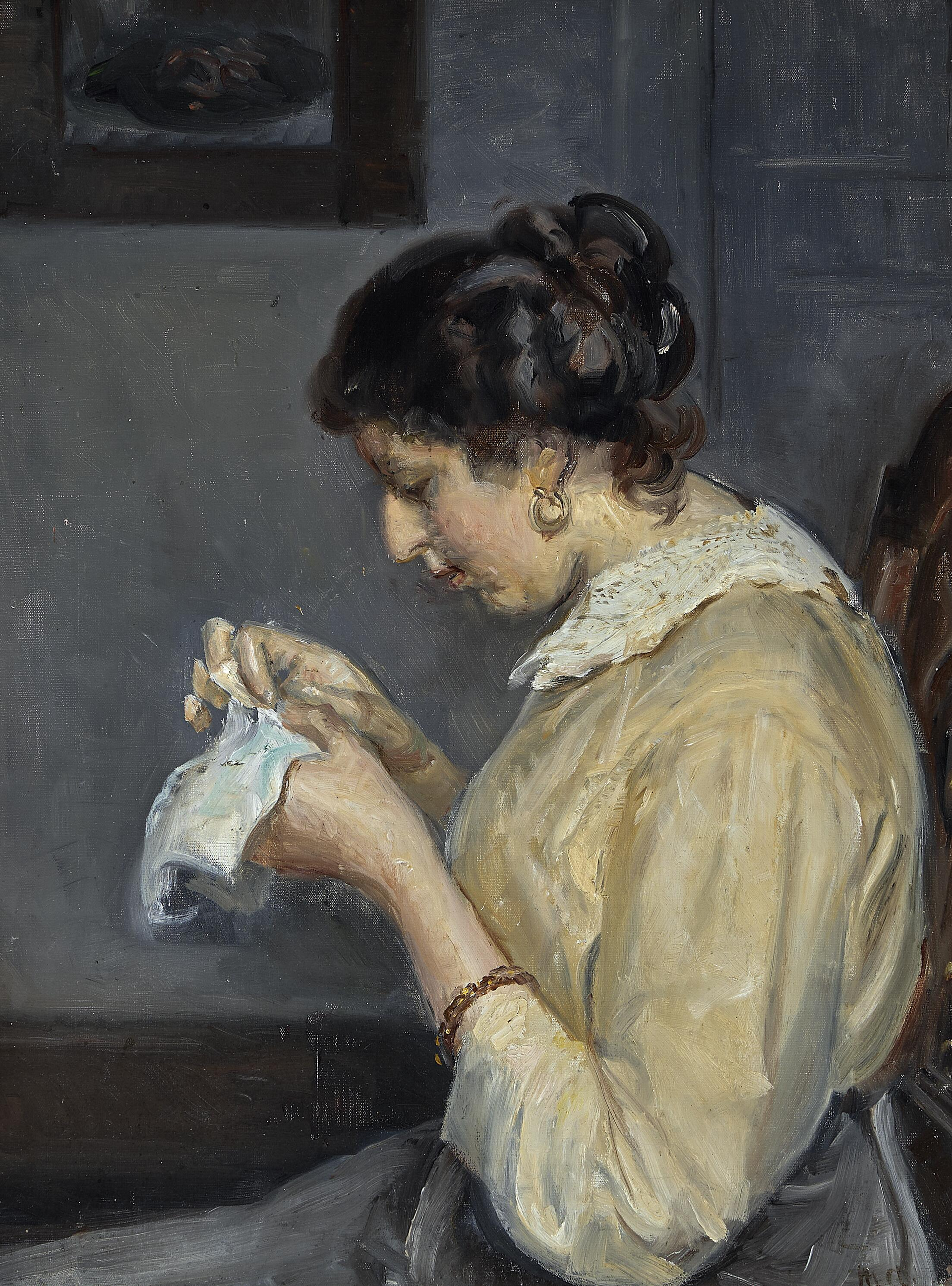 Intérieur avec Henny Brodersen faisant de la broderie. - Michael Peter Ancher image 1 copie de tableau peinte à la main