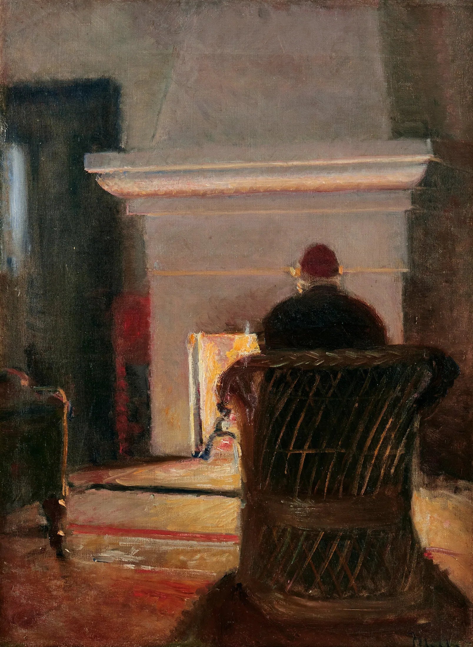 Intérieur avec Holger Drachmann près de la cheminée de la Villa Pax, Skagen. - Michael Peter Ancher image 1 reproduction artisanale de tableau