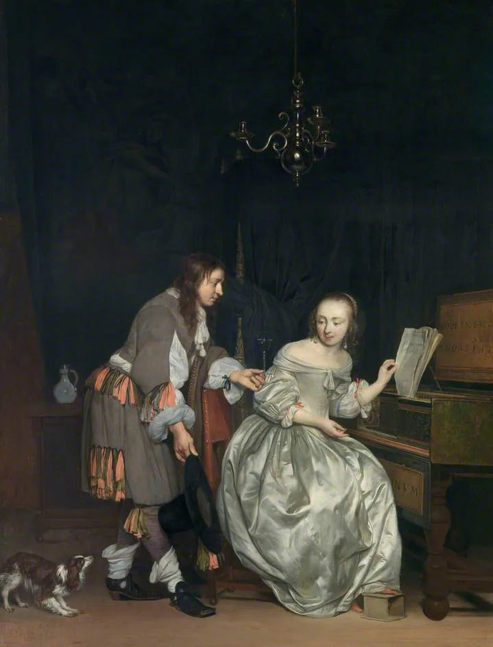 Intérieur avec une dame attablée à un évier et un monsieur lui offrant un verre de vin - Gabriel Metsu image 1 reproduction de peinture à l’huile