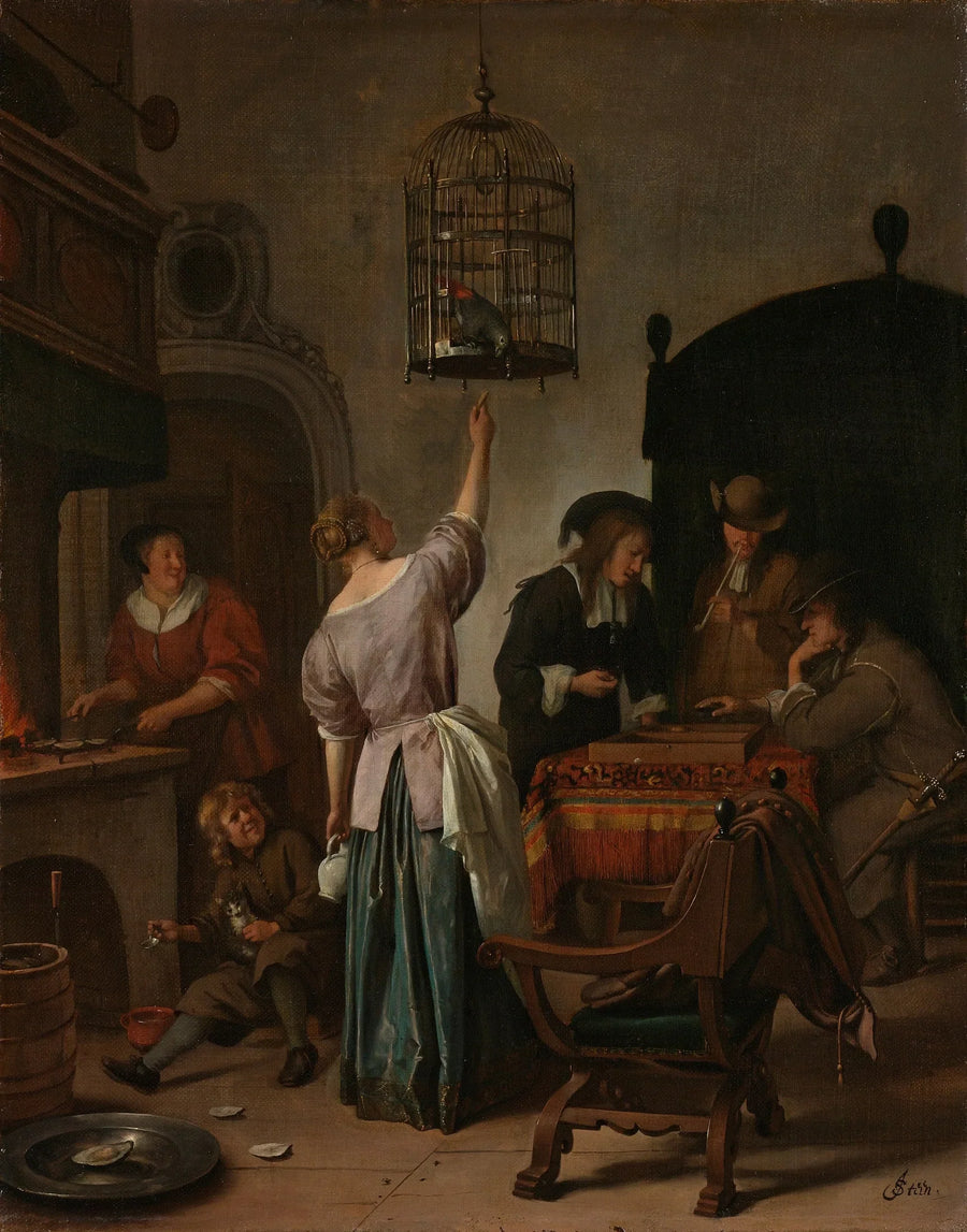 Intérieur avec une femme nourrissant un perroquet, connu sous le nom de « La cage à perroquets » - Jan Steen