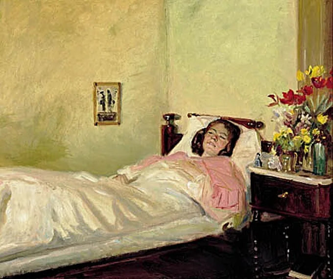 Intérieur avec une jeune femme allongée dans un lit. - Michael Peter Ancher image 1 reproduction artisanale de tableau