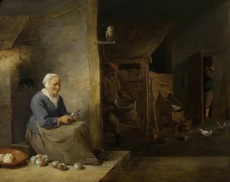 Intérieur, avec une vieille femme épluchant des pommes - David Teniers le Jeune image 1 copie peinte à la main à l’huile