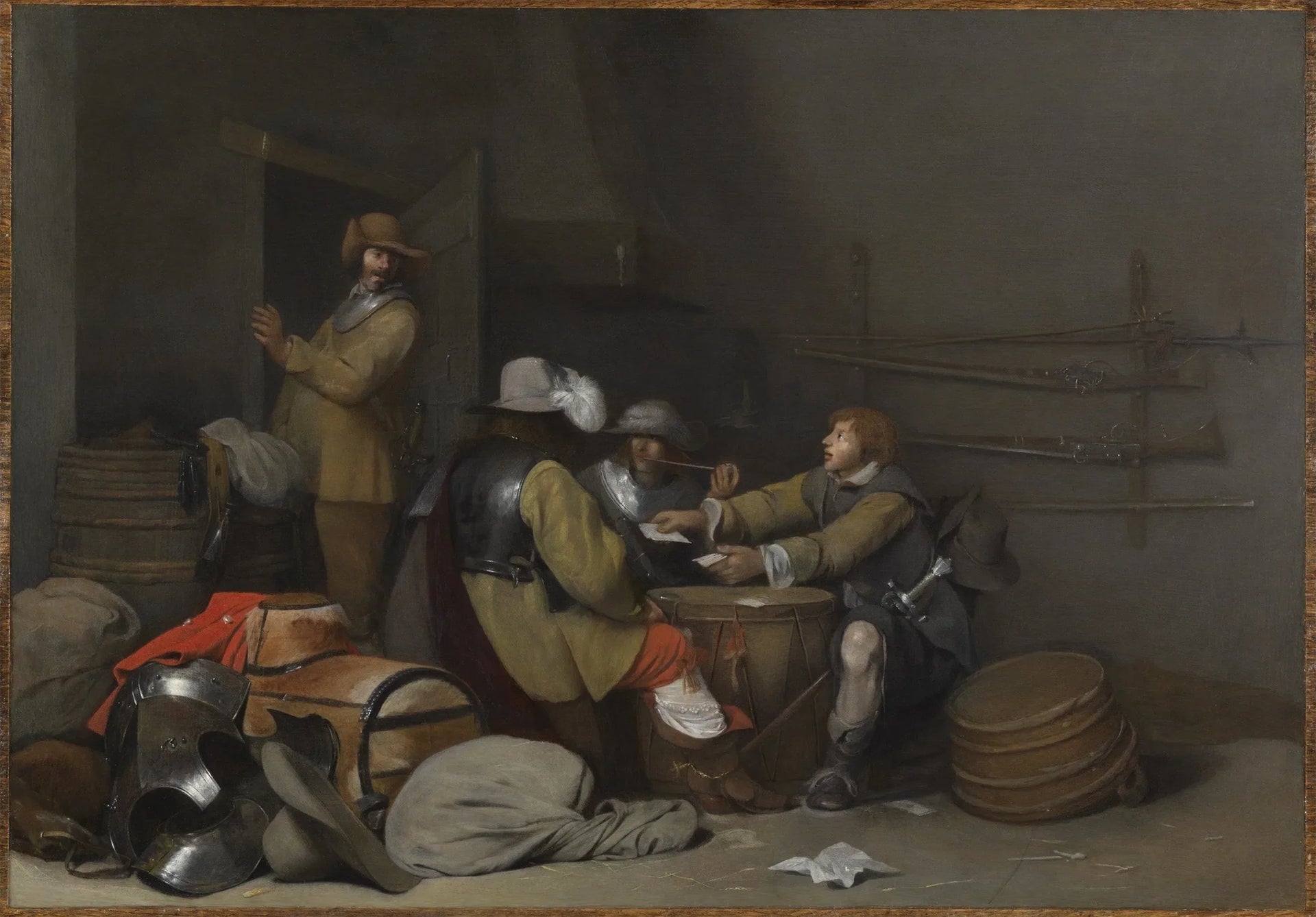 Intérieur d'un poste de garde avec des soldats fumant et jouant aux cartes - Gerard ter Borch image 1 reproduction artisanale de tableau