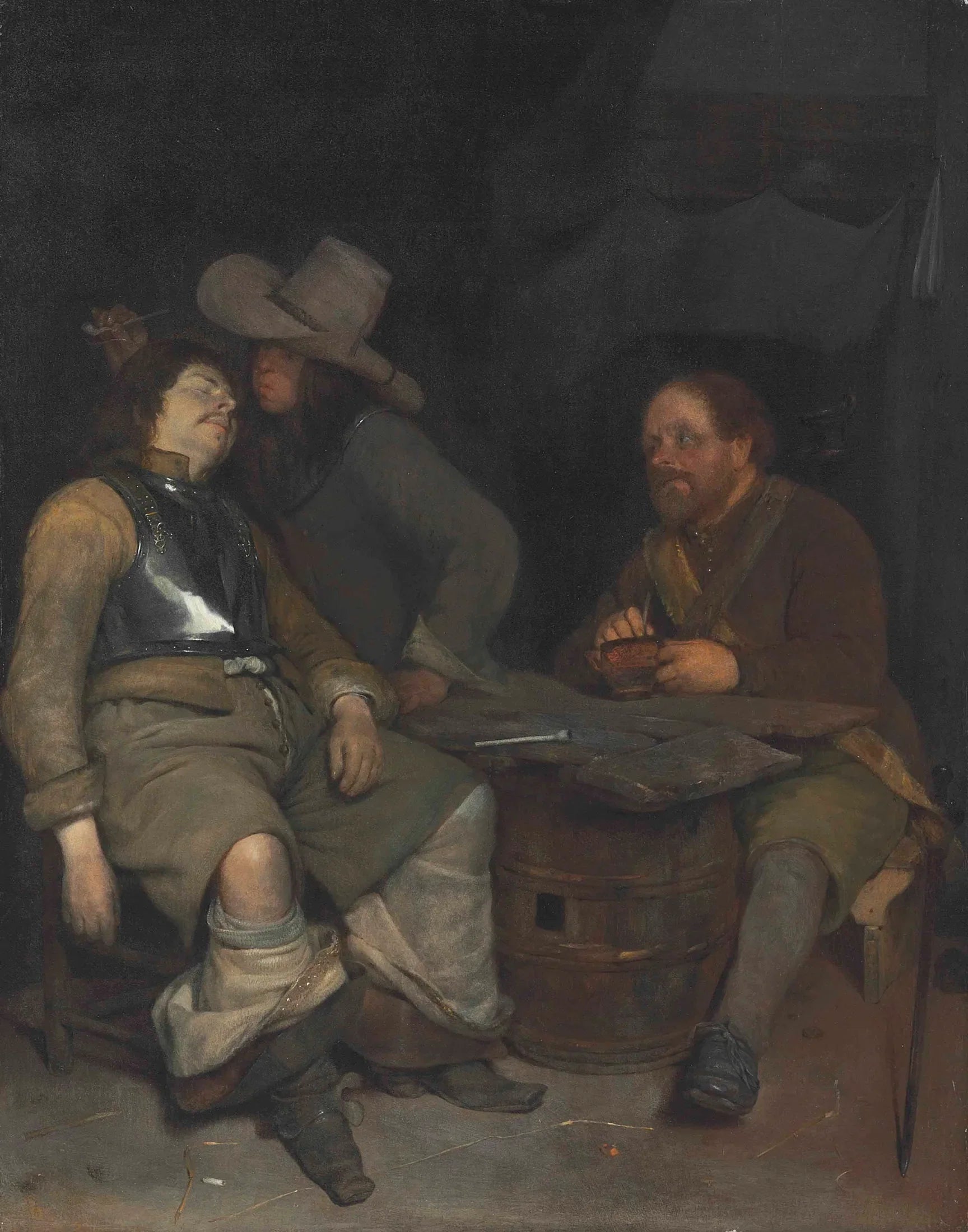 Intérieur d'un poste de garde avec un soldat soufflant de la fumée - Gerard ter Borch image 1 tableau peint à l’huile sur toile