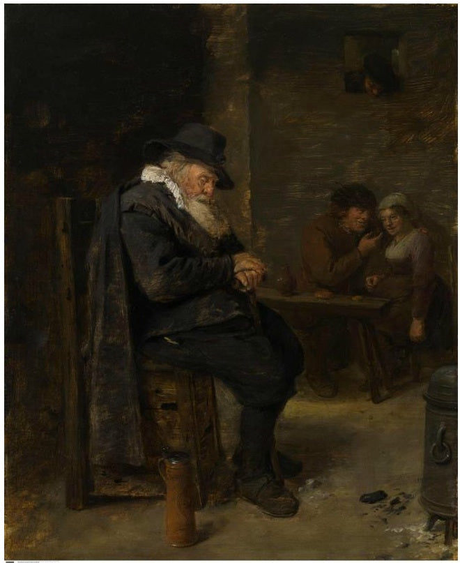 Intérieur d'une auberge avec un vieil homme endormi et un couple amoureux - Adriaen Brouwer image 1 copie peinte à la main à l’huile