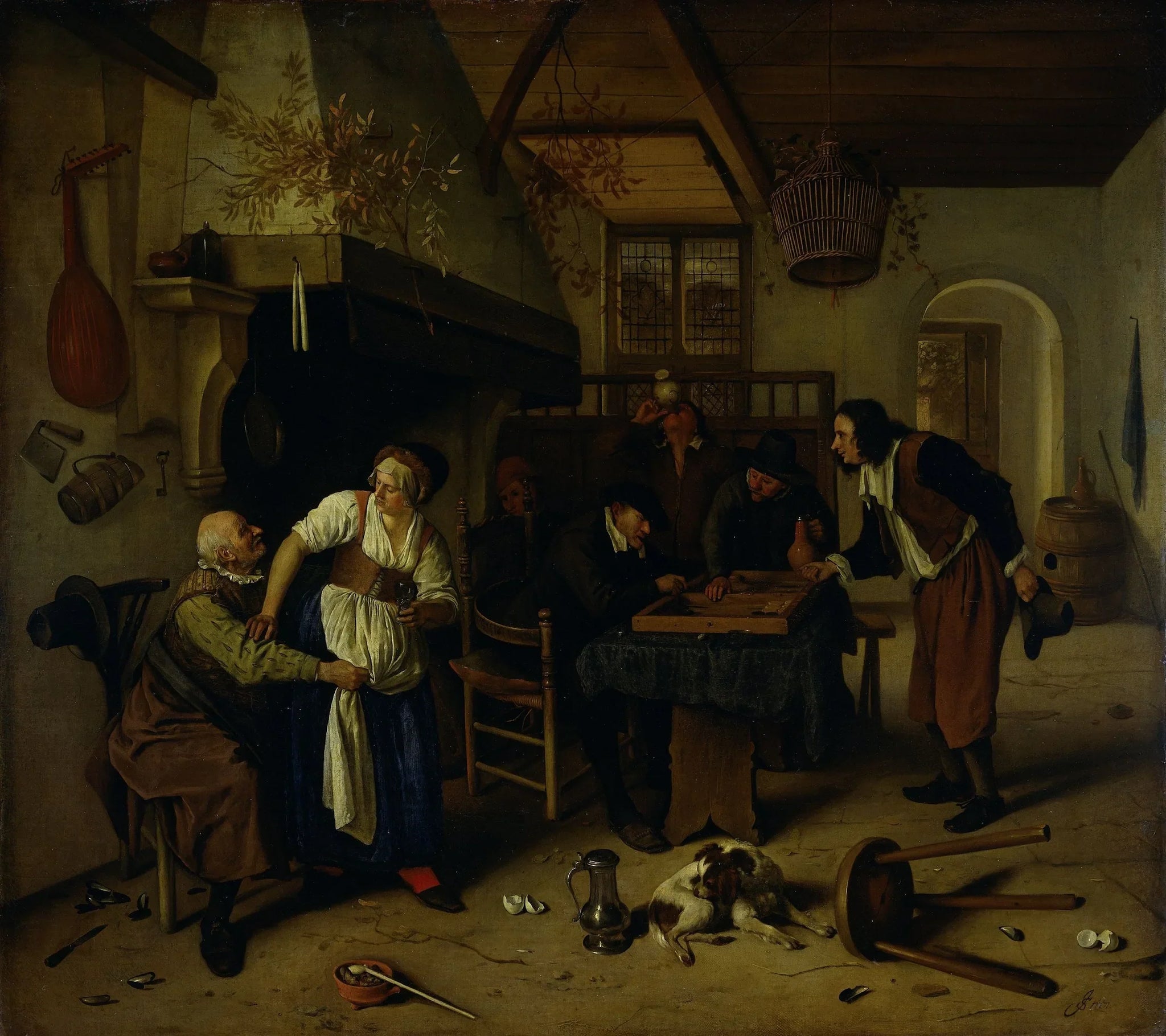Intérieur d'une auberge où un vieil homme s'amuse avec la propriétaire et deux hommes jouent au backgammon, un jeu connu sous le nom de « Deux sortes de jeux ». - Jan Steen image 1 reproduction de peinture à l’huile